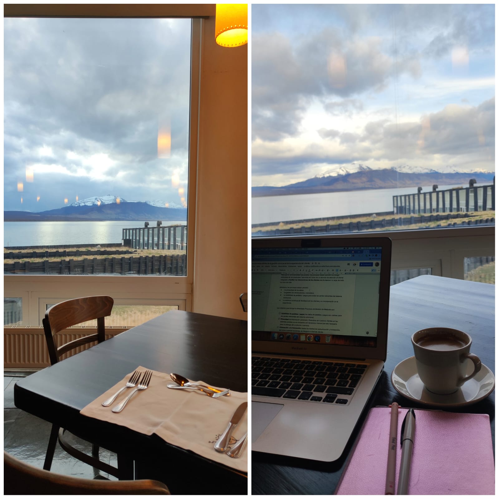 Vista al fiordo y montañas nevadas desde un hotel en la Patagonia, junto a un notebook con el modelo de madurez omnicanal y una taza de café