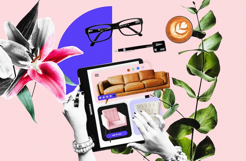 Collage de compra en línea: manos sosteniendo una tablet con una tienda de muebles, junto a flores, hojas, un café y anteojos